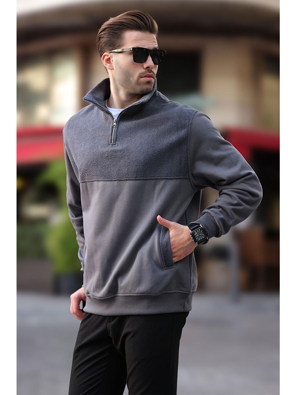 Madmext Füme Dik Yaka Yarım Fermuarlı Polar Sweatshirt 7096