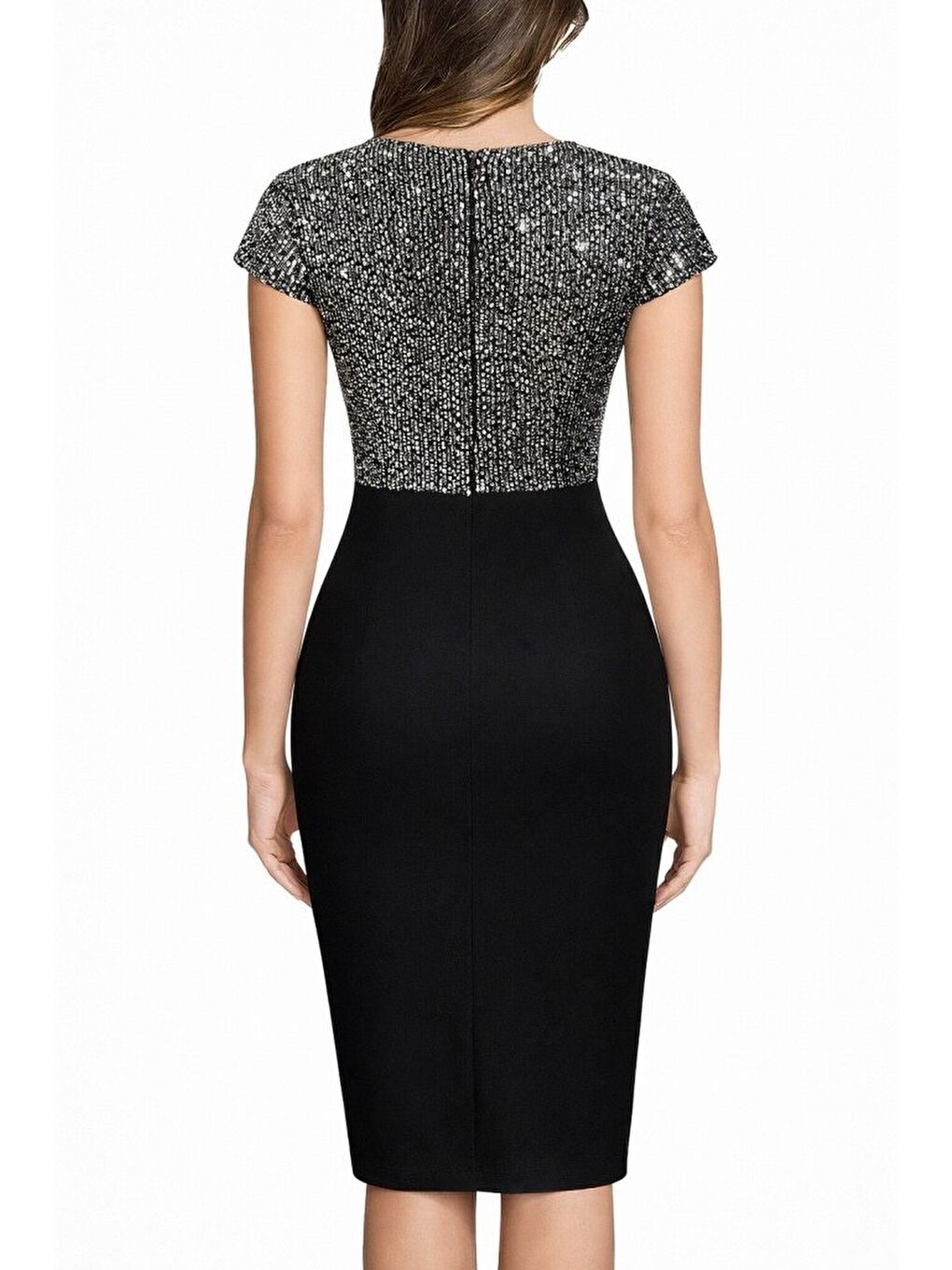 Siyah Kadın Kısa Kollu Kruvaze Yakalı ışıltı Detaylı Midi Ithal Krep Elbise-2