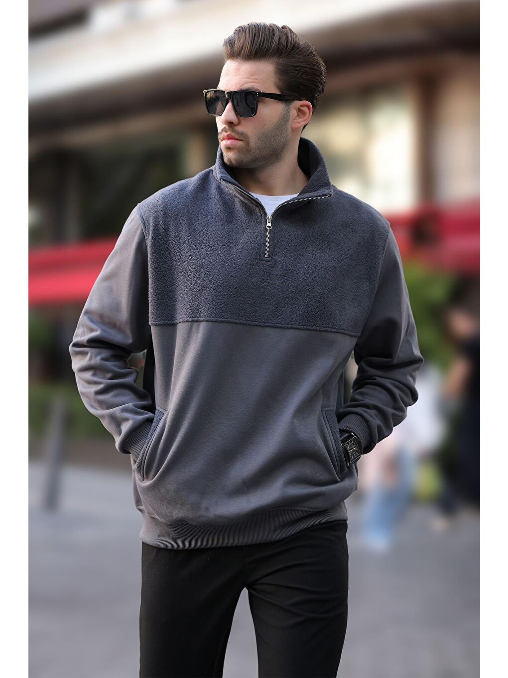 Madmext Füme Dik Yaka Yarım Fermuarlı Polar Sweatshirt 7096 - 1