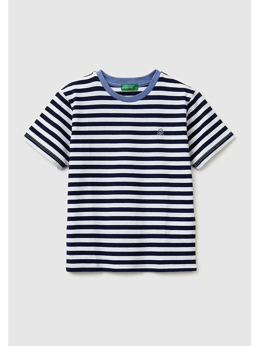 Erkek Çocuk Mavi Mix İplik Boyalı Logo İşlemeli Çizgili Bisiklet Yaka T-Shirt