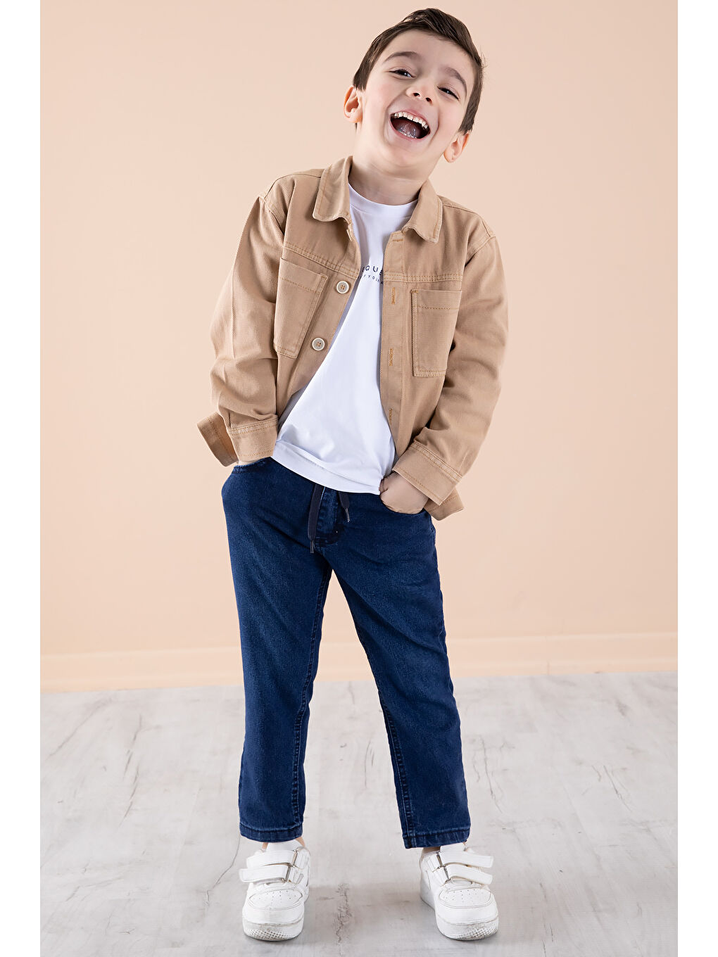 Kahverengi Jean Ceket Yazı Baskılı Erkek Çocuk Pantolonlu 3lü Takım 20313-2