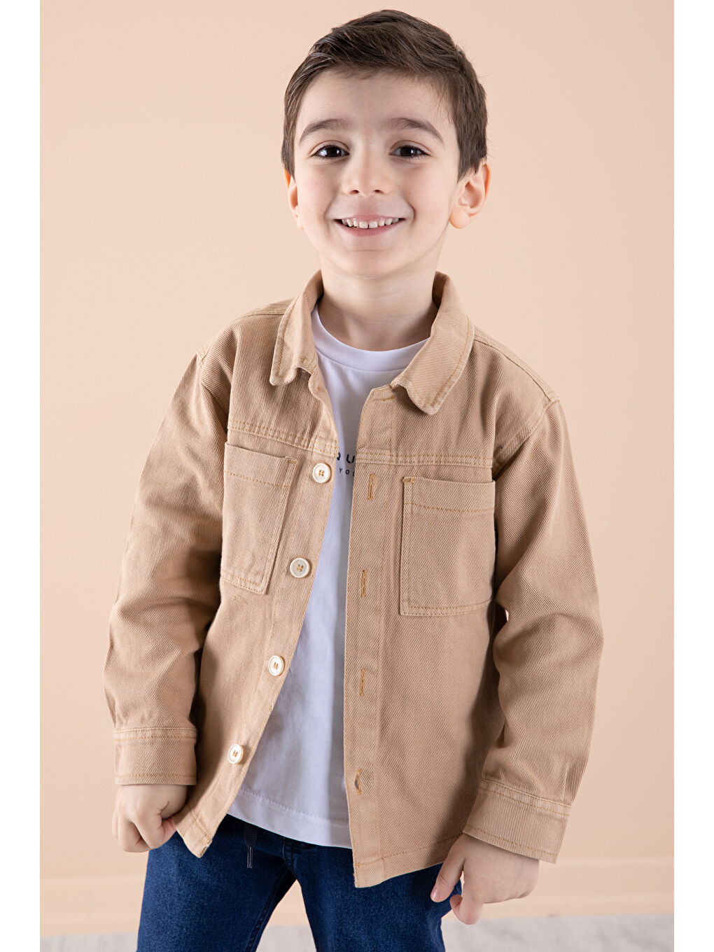 Kahverengi Jean Ceket Yazı Baskılı Erkek Çocuk Pantolonlu 3lü Takım 20313-3