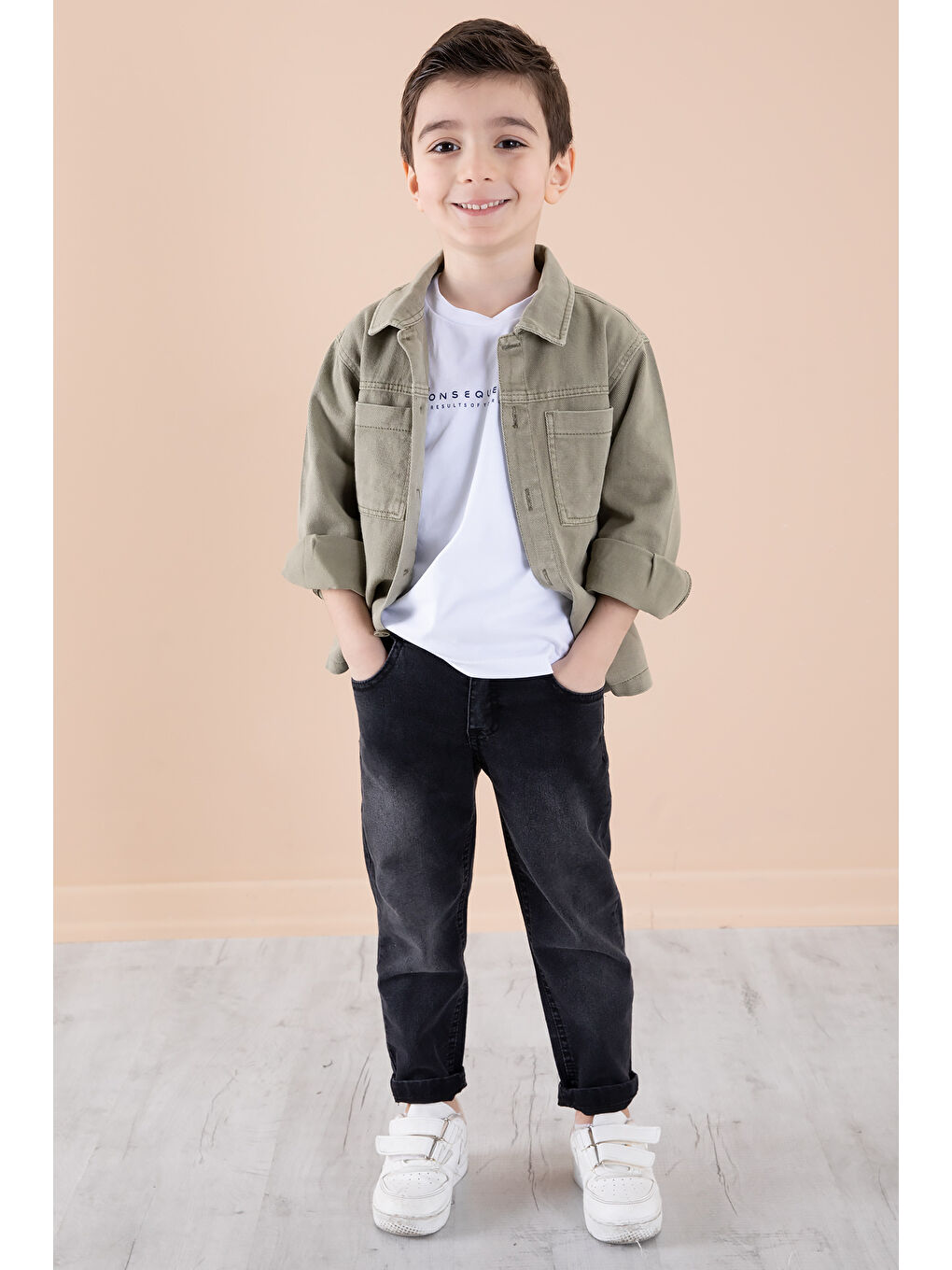 Haki Jean Ceket Yazı Baskılı Erkek Çocuk Pantolonlu 3lü Takım 20314