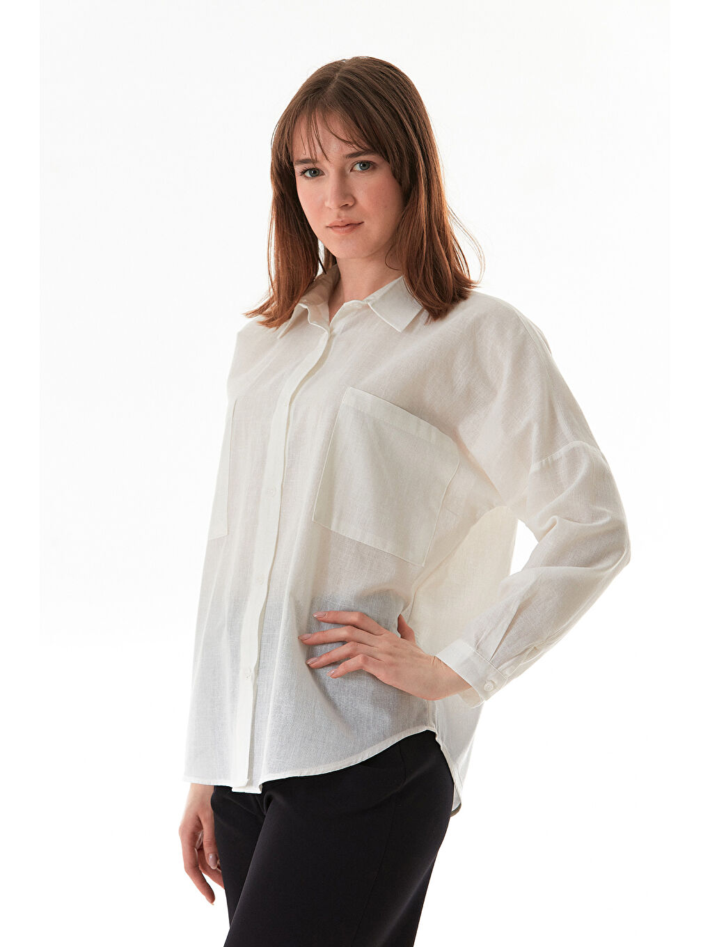 Ekru Basic Çift Cepli Oversize Gömlek-1
