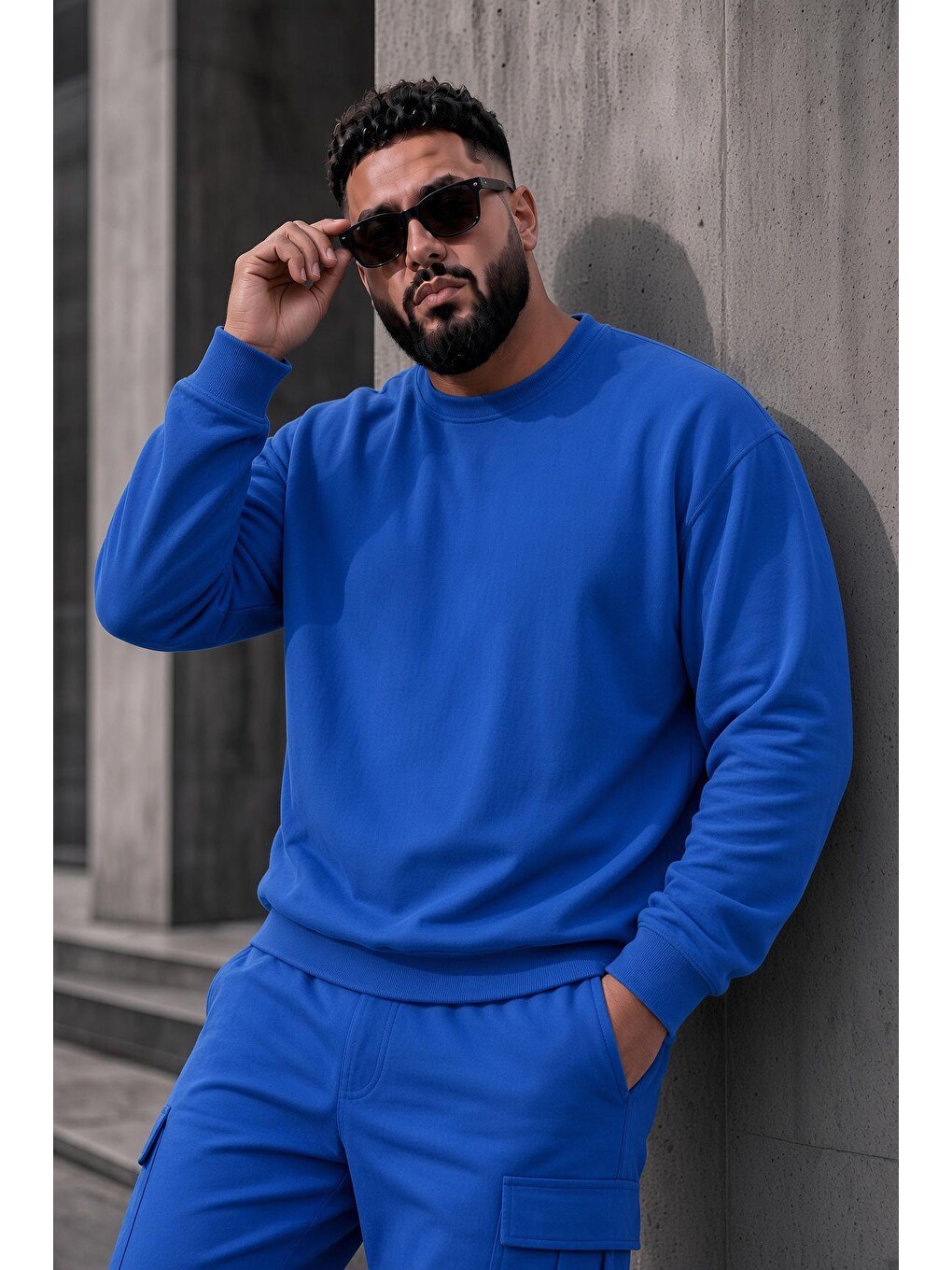 Mavi John Erkek İki İpli Şardonlu Düz Renk Günlük Battal Büyük Beden Bisiklet Yaka Sweatshirt-1