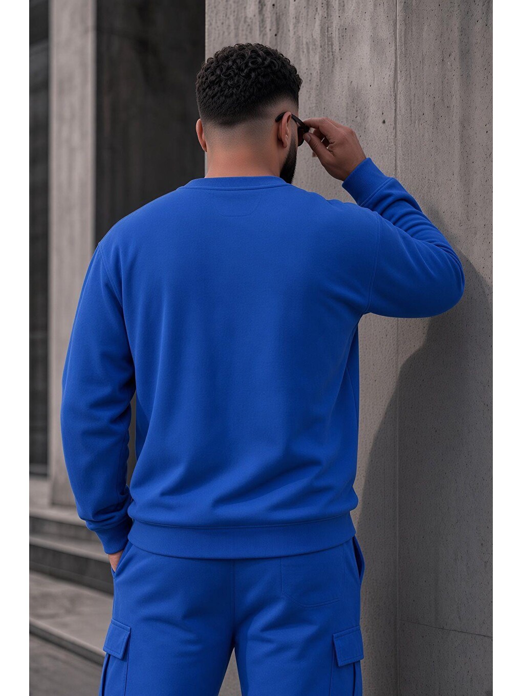 Mavi John Erkek İki İpli Şardonlu Düz Renk Günlük Battal Büyük Beden Bisiklet Yaka Sweatshirt-3
