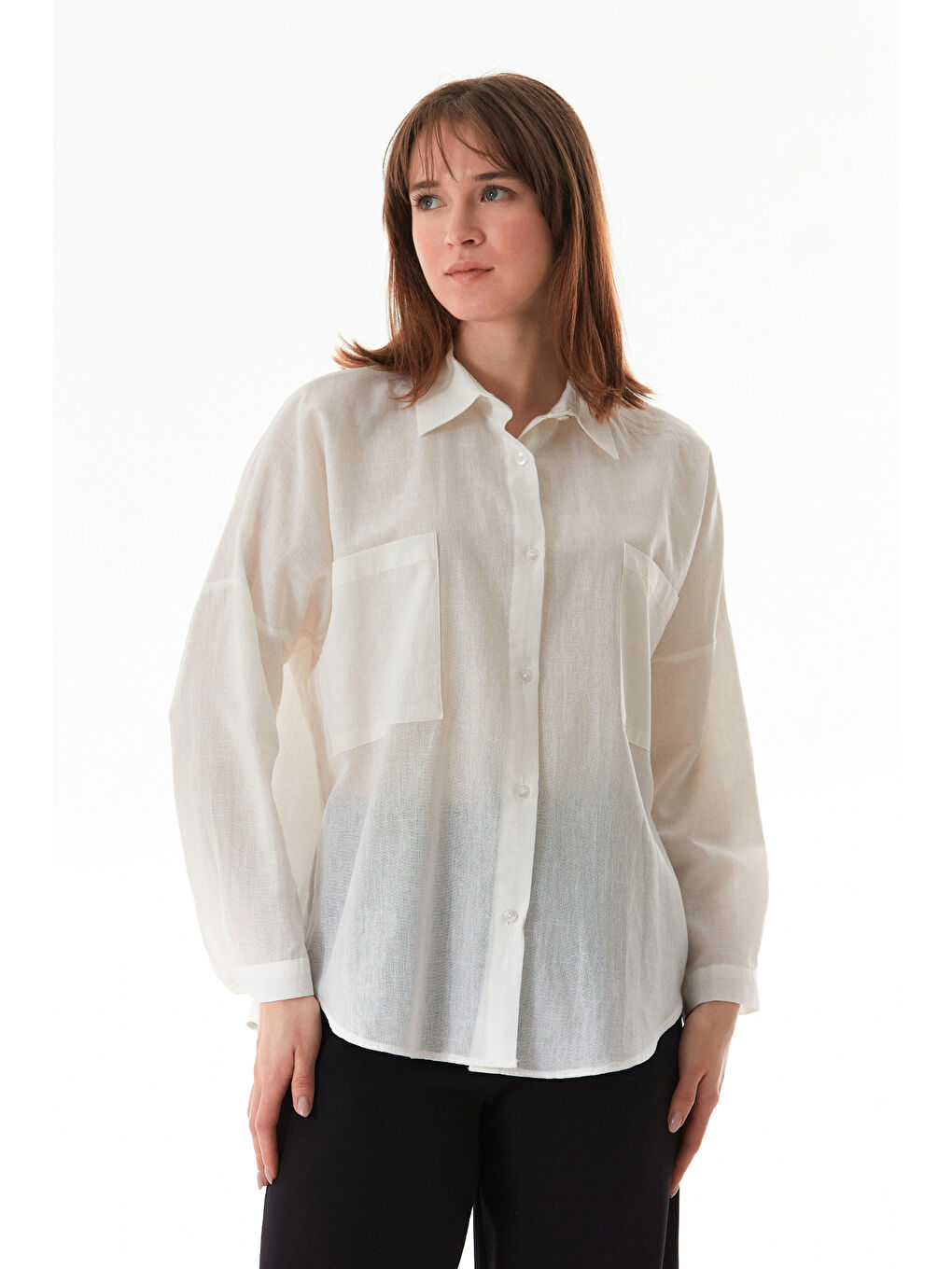 Ekru Basic Çift Cepli Oversize Gömlek-2