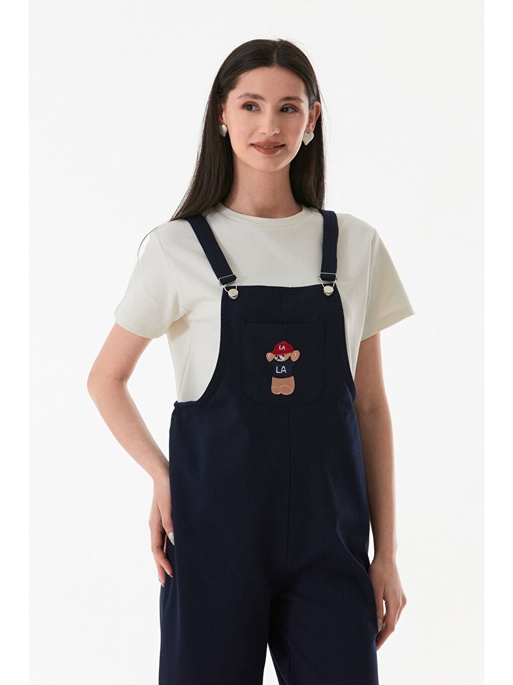 Lacivert Ayıcık Nakışlı Askılı Önü Cepli Tulum-1