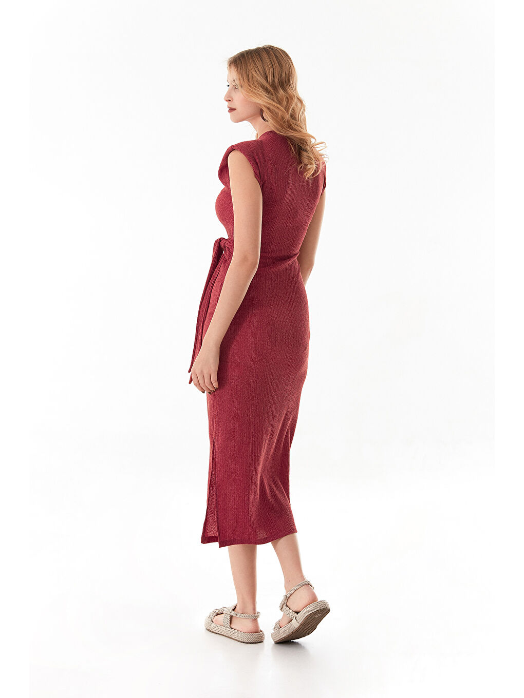 Bordo Bürümcük Kumaş Önü Bağlamalı Vatkalı Elbise-2