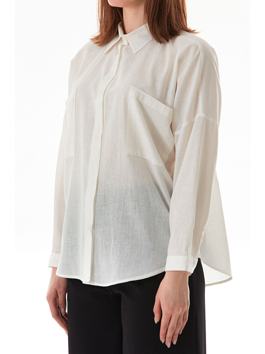 Ekru Basic Çift Cepli Oversize Gömlek-4