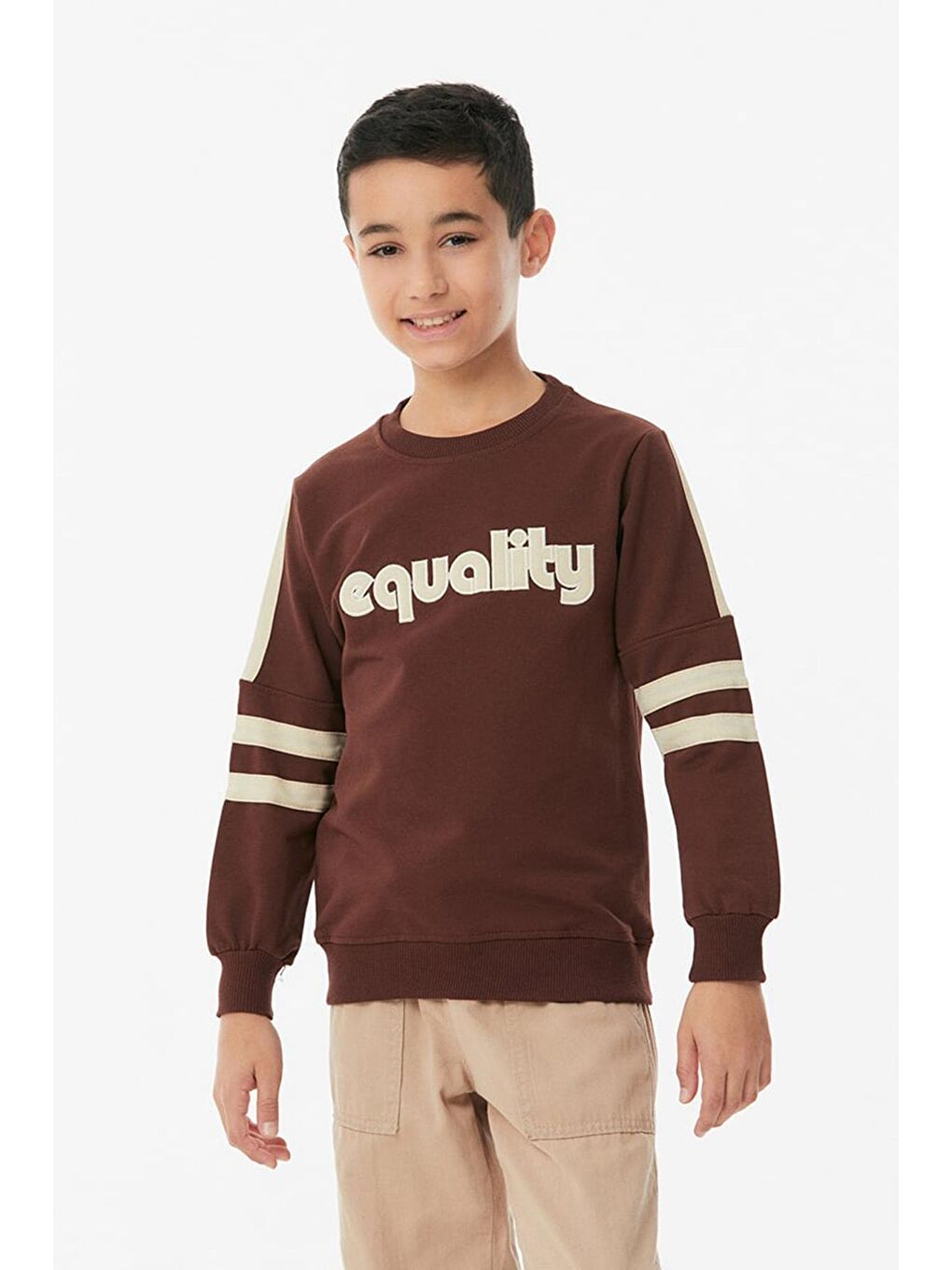 Kahverengi Kolları Şeritli Bisiklet Yaka Erkek Çocuk Sweatshirt