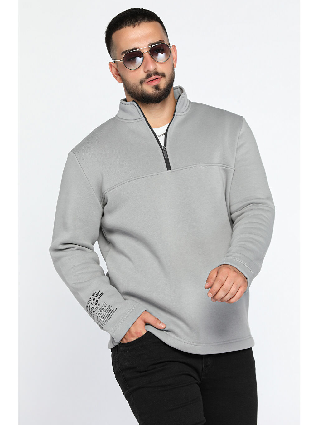 Mishar İtalia Gri Erkek Dik Yaka Yarım Fermuarlı Şardonlu Üç İplik Sweatshirt - 1