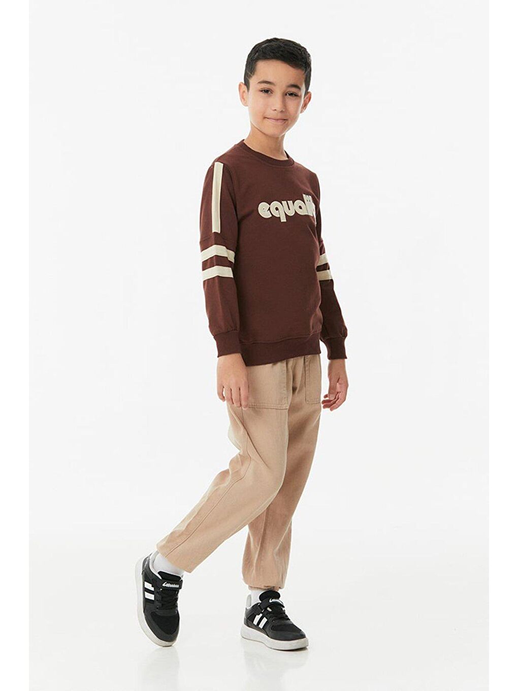 Kahverengi Kolları Şeritli Bisiklet Yaka Erkek Çocuk Sweatshirt-1