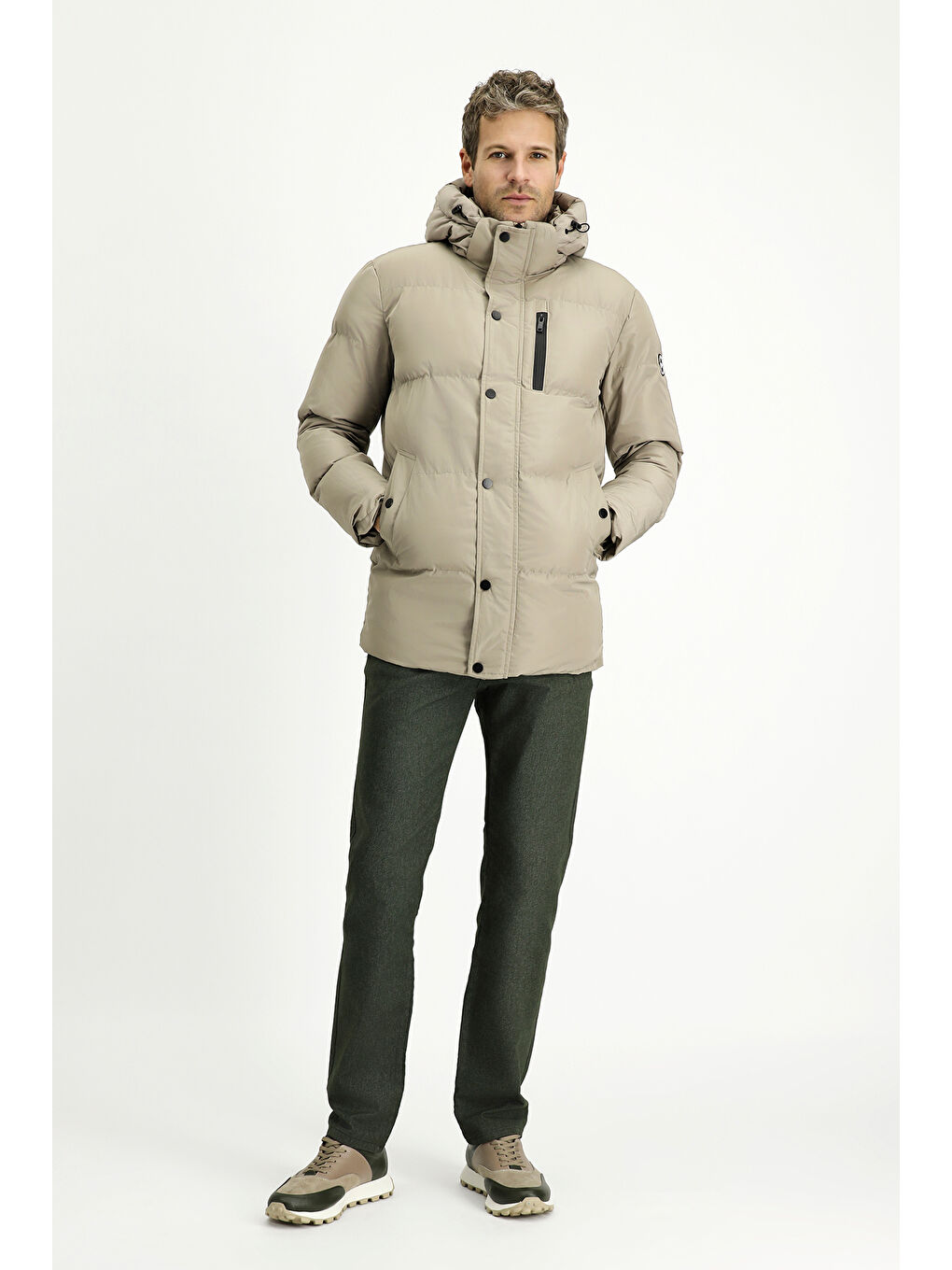 Bej Kapüşonlu Spor Şişme Mont-1