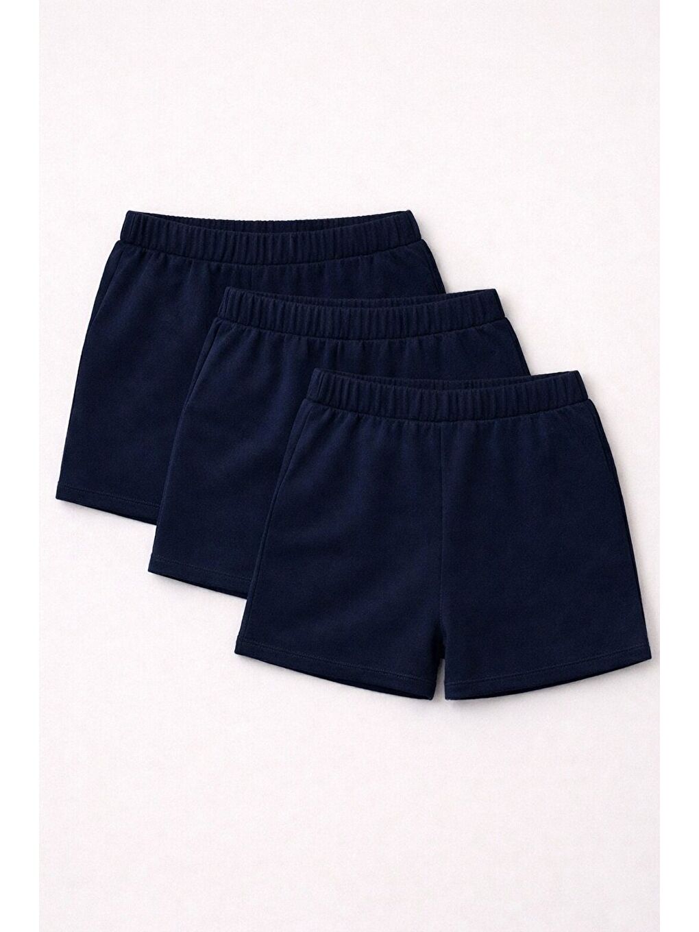 Lacivert 3'lü Paket Set Genç Kız Beli Lastikli Basic Pamuklu Şort
