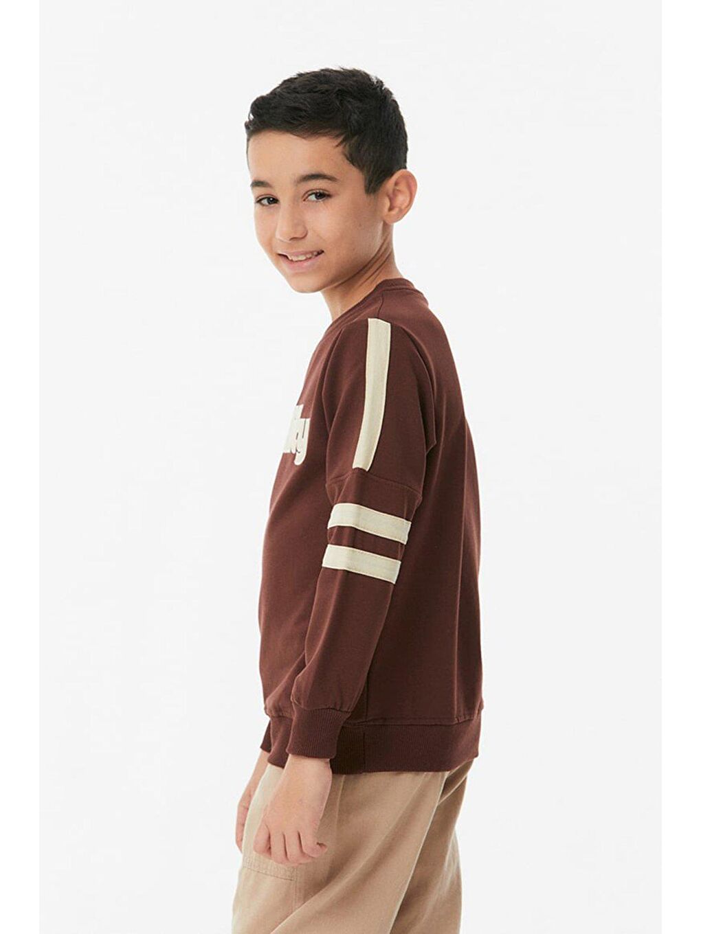 Kahverengi Kolları Şeritli Bisiklet Yaka Erkek Çocuk Sweatshirt-3
