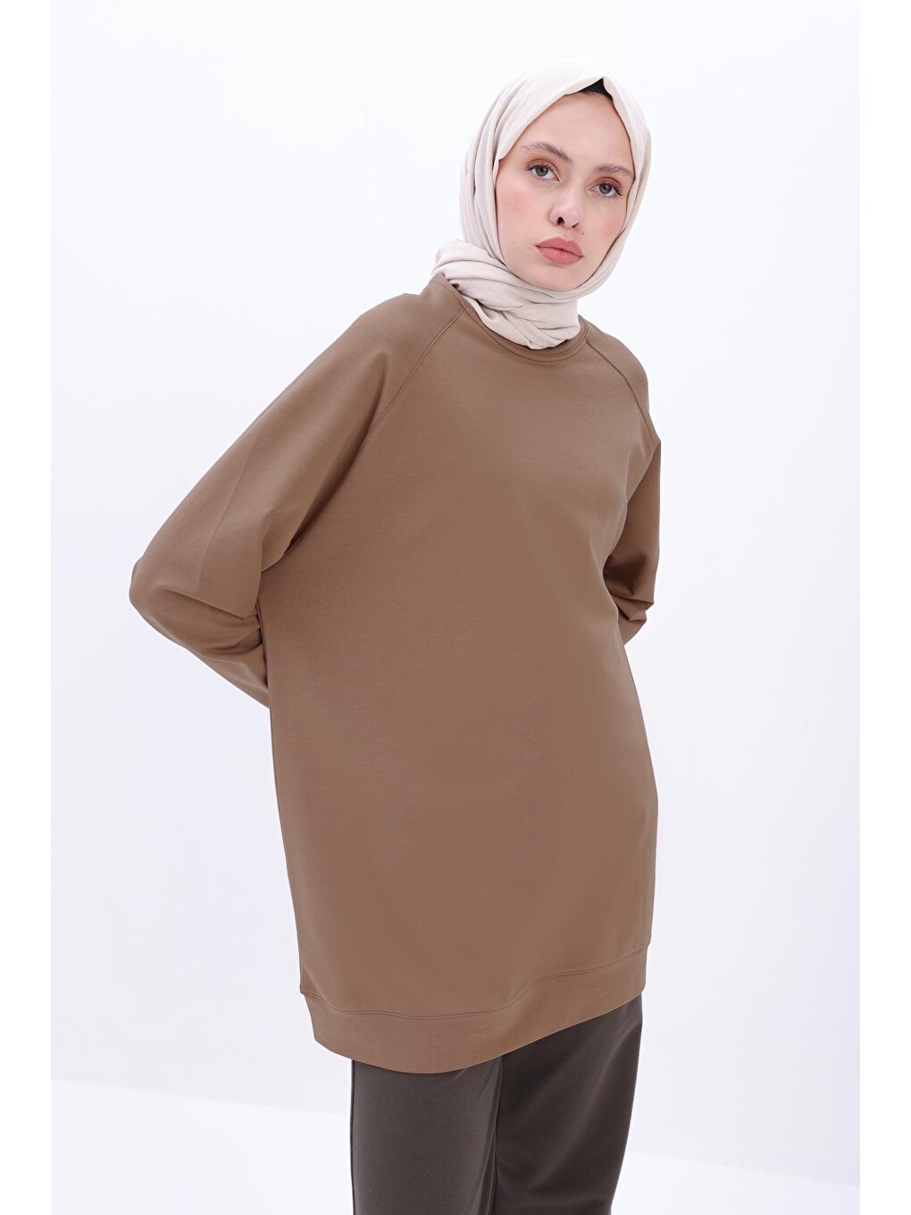 Bej Vizon Bisiklet Yaka Reglan Kol Sweatshirt