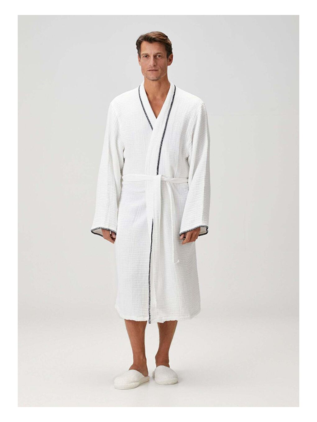 Loom 4 Katlı Müslin Çoban Dikşili Erkek Bornoz Beyaz