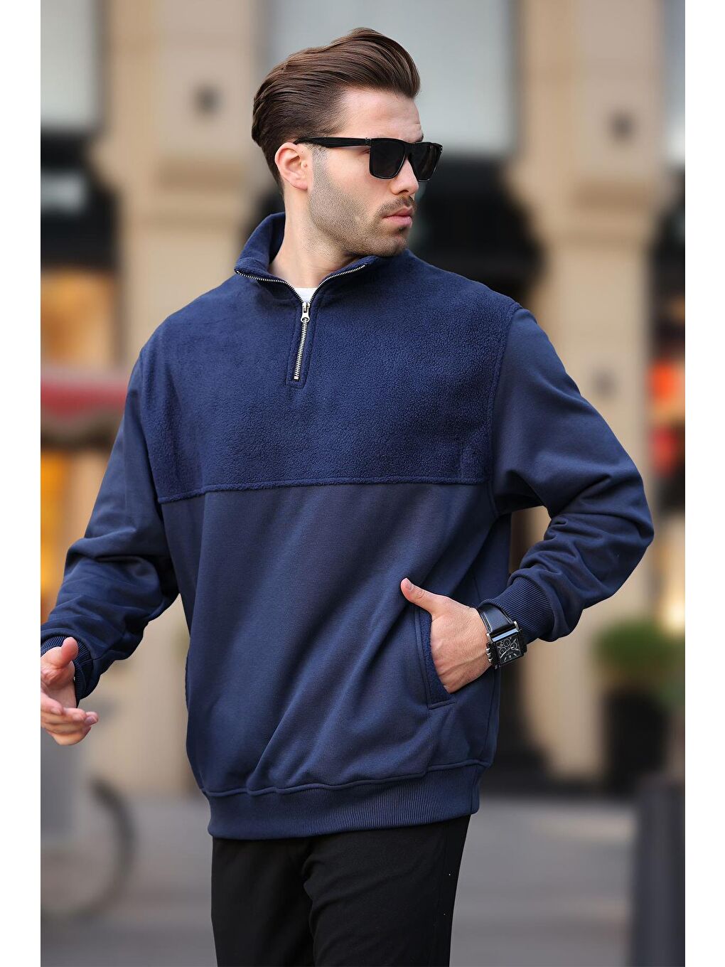 Madmext Lacivert Dik Yaka Yarım Fermuarlı Polar Sweatshirt 7096 - 1