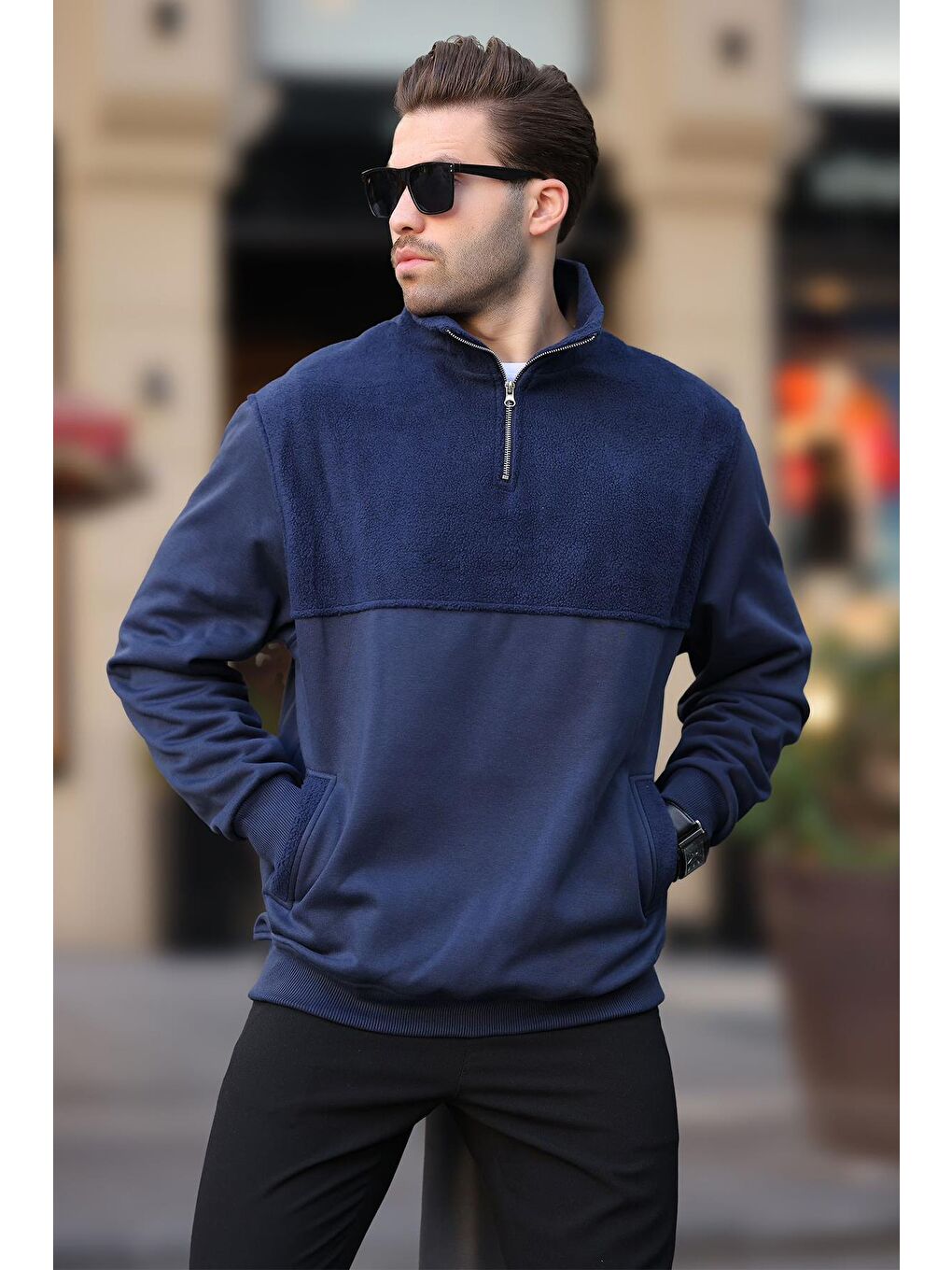 Madmext Lacivert Dik Yaka Yarım Fermuarlı Polar Sweatshirt 7096 - 2