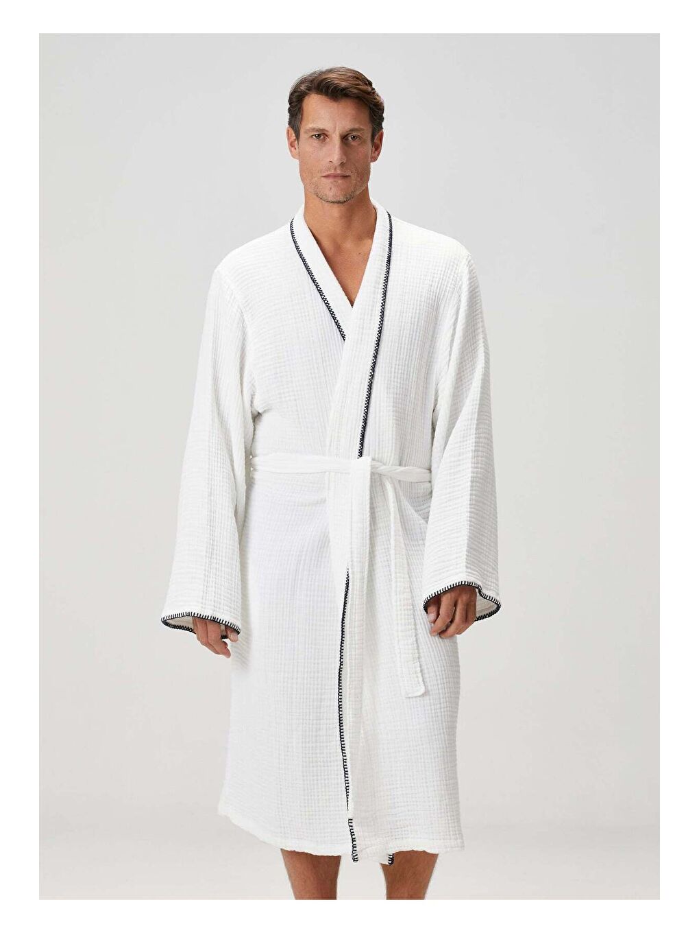 Loom 4 Katlı Müslin Çoban Dikşili Erkek Bornoz Beyaz-1