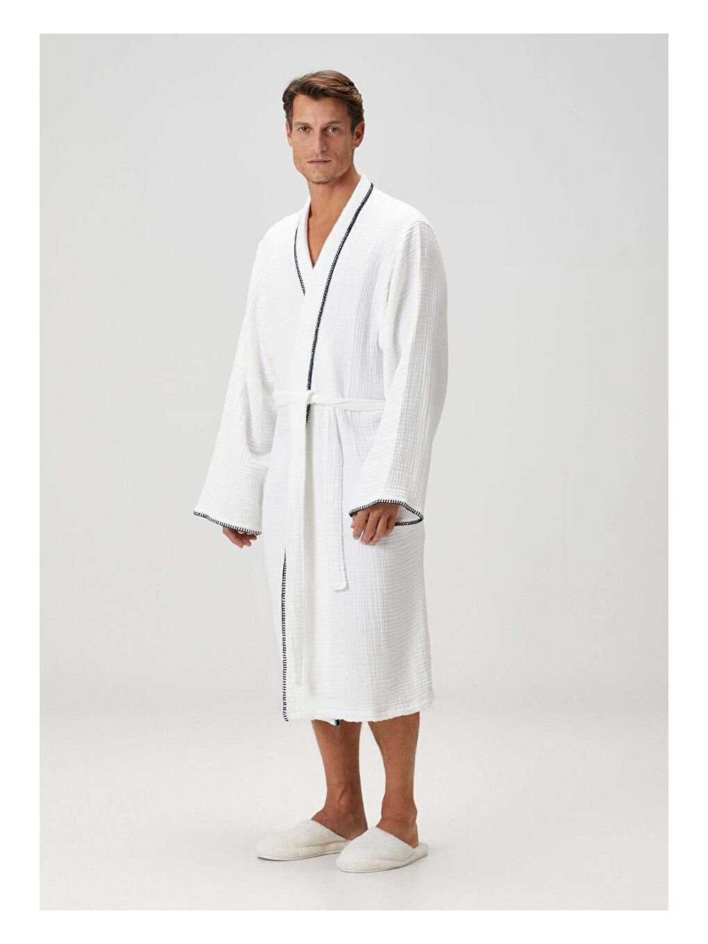 Loom 4 Katlı Müslin Çoban Dikşili Erkek Bornoz Beyaz-2