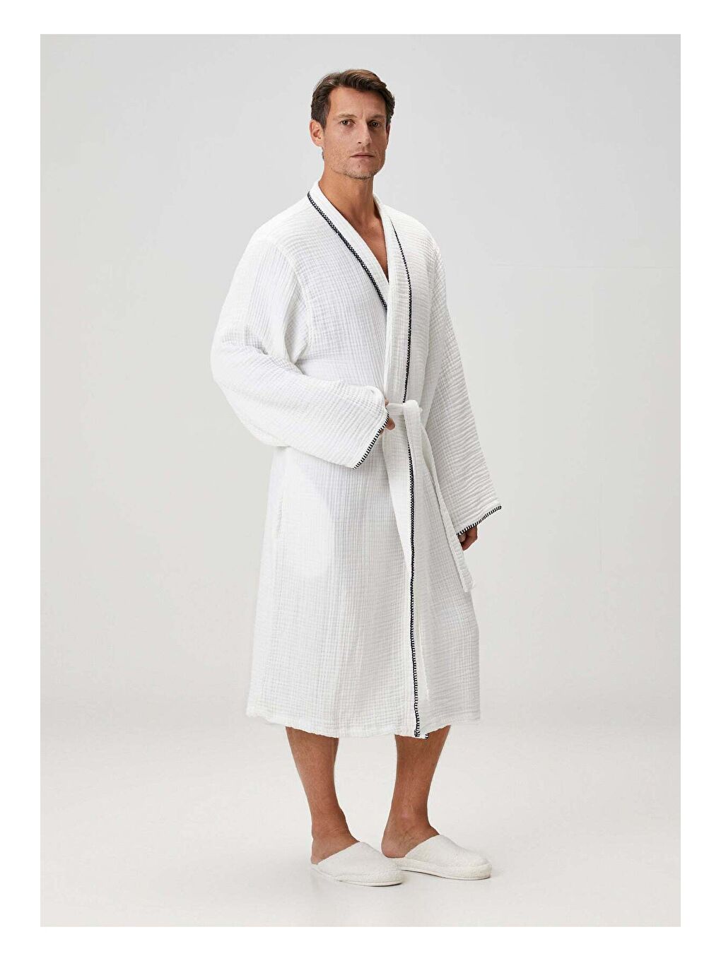 Loom 4 Katlı Müslin Çoban Dikşili Erkek Bornoz Beyaz-3