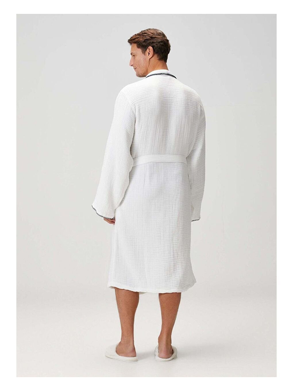Loom 4 Katlı Müslin Çoban Dikşili Erkek Bornoz Beyaz-4