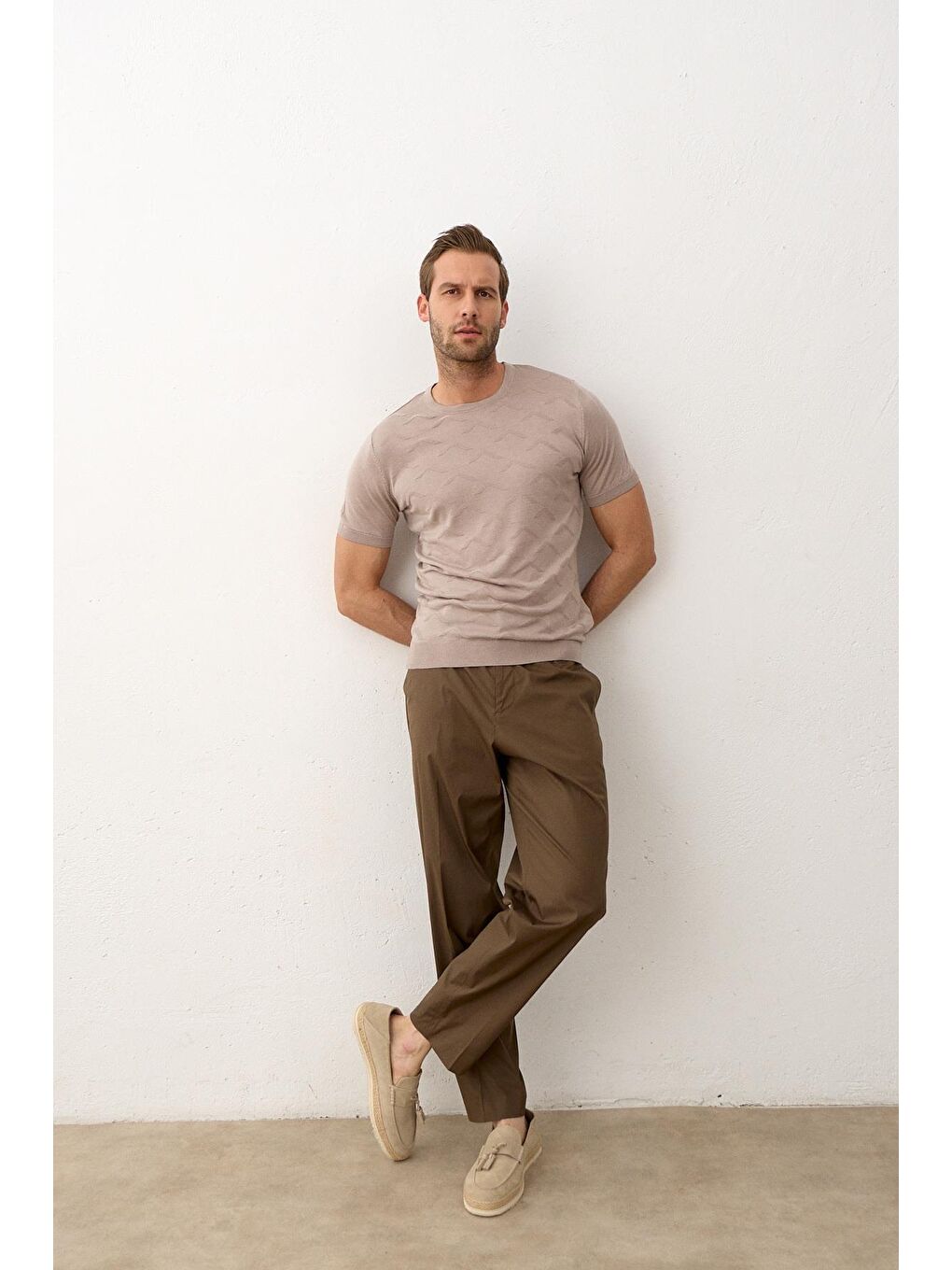 Bej Erkek Bisiklet Yaka Slim-Fit Yazlık Triko Tişört Vizon-1