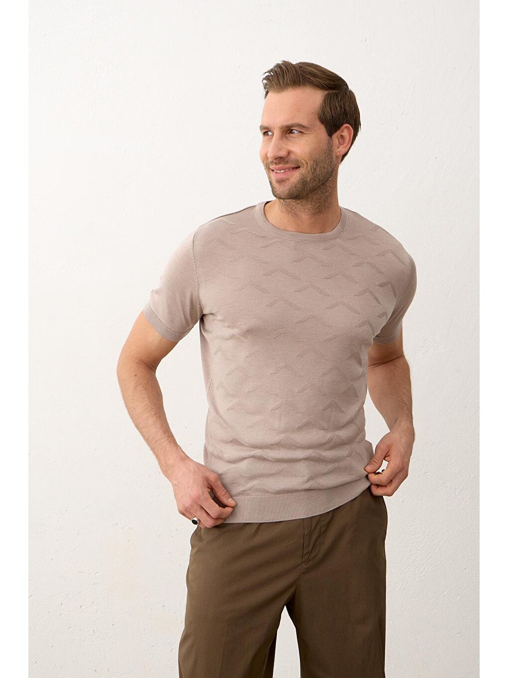 Bej Erkek Bisiklet Yaka Slim-Fit Yazlık Triko Tişört Vizon-3