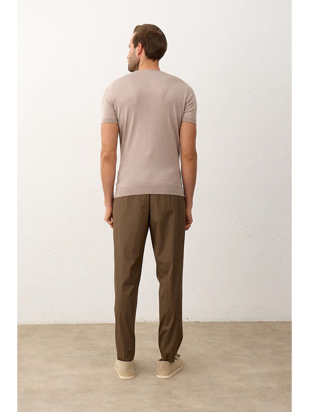 Bej Erkek Bisiklet Yaka Slim-Fit Yazlık Triko Tişört Vizon-4