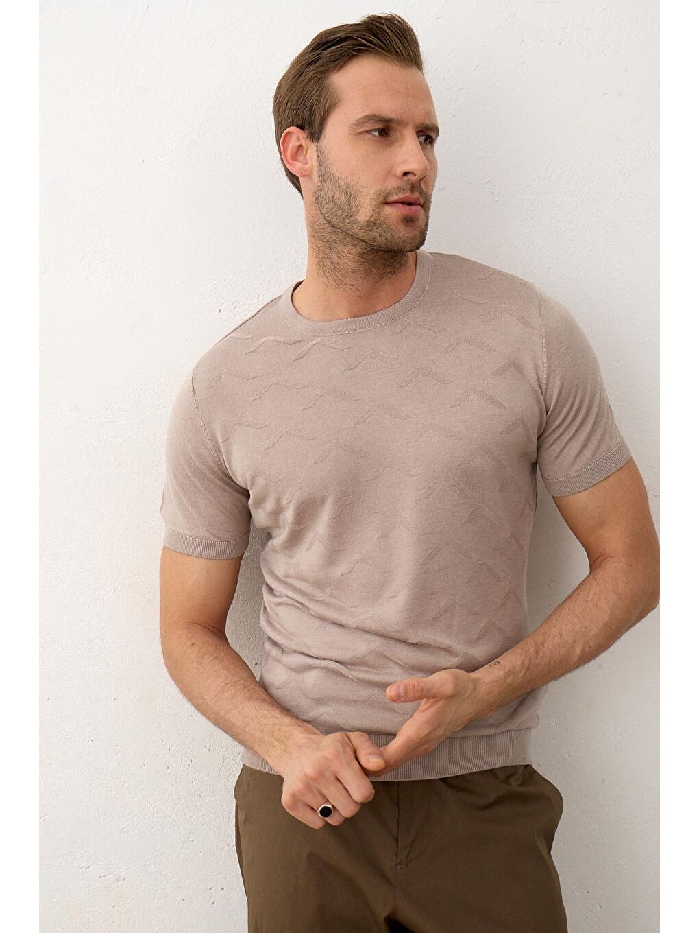 Bej Erkek Bisiklet Yaka Slim-Fit Yazlık Triko Tişört Vizon-5