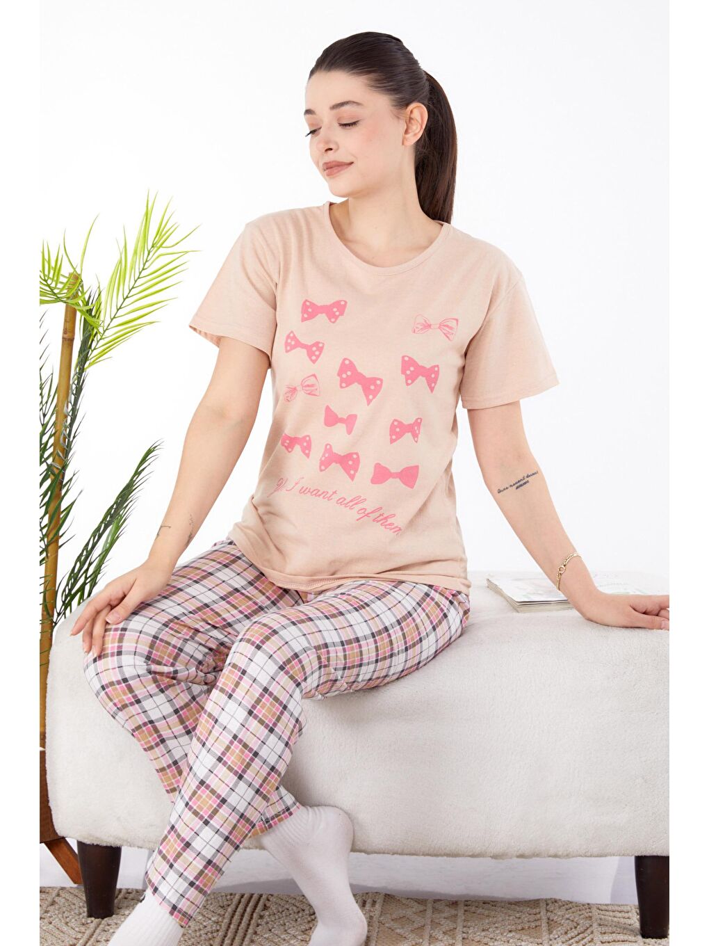 Bisiklet Yaka Kadın Bej Baskılı Pijama Takımı - 25579