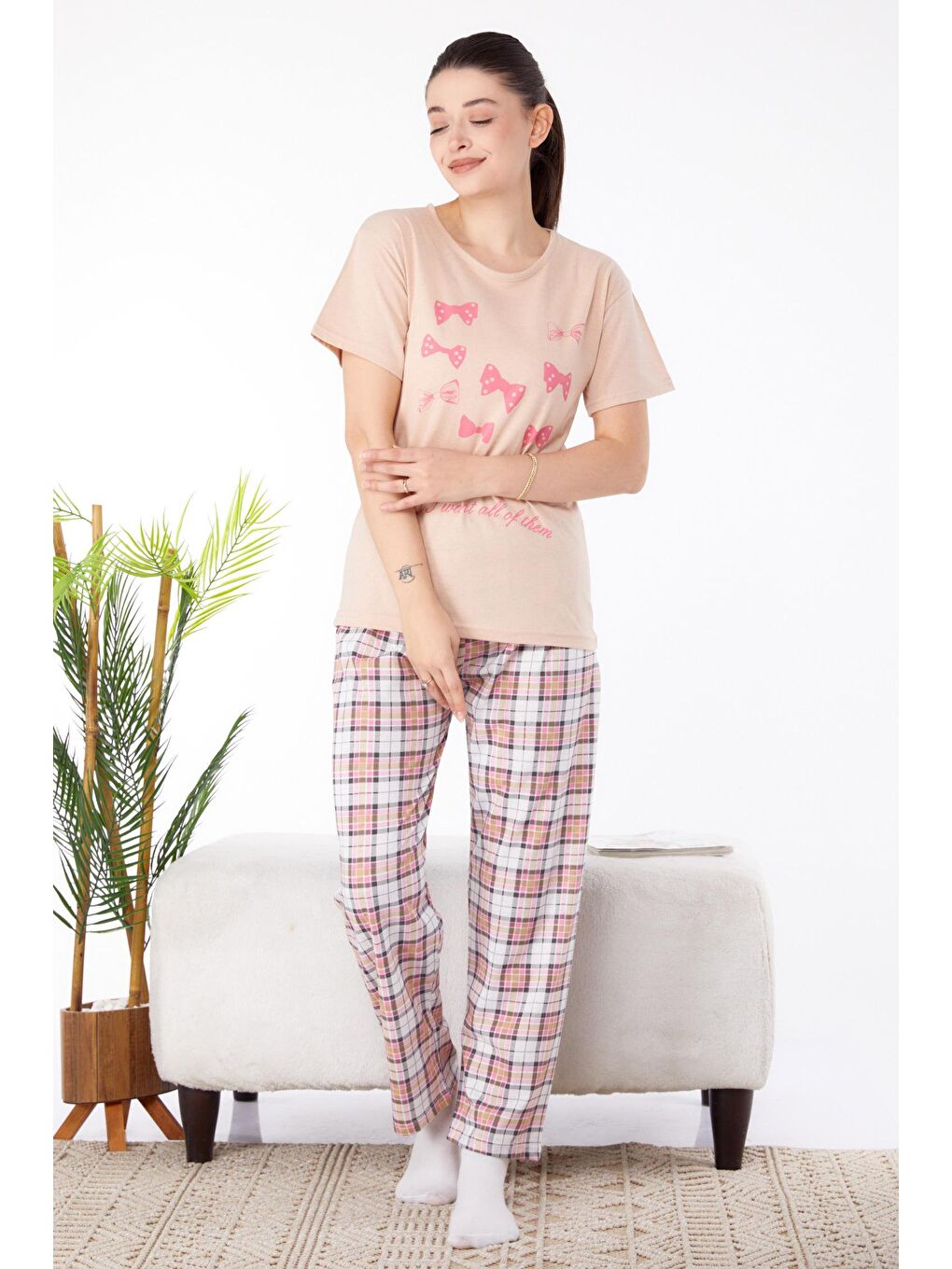 Bisiklet Yaka Kadın Bej Baskılı Pijama Takımı - 25579-1