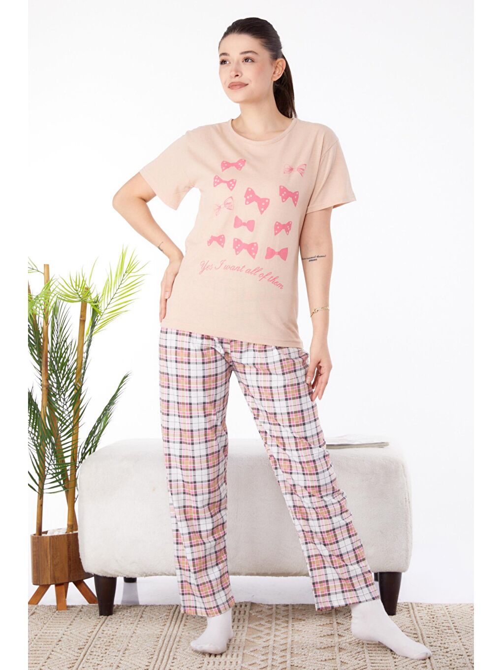Bisiklet Yaka Kadın Bej Baskılı Pijama Takımı - 25579-2