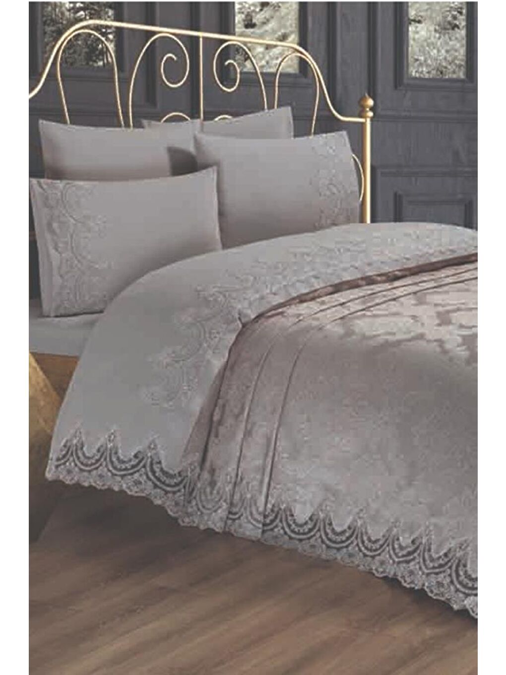 Fransız Güpürlü Çeyizlik Pike Takımı Queen Gri