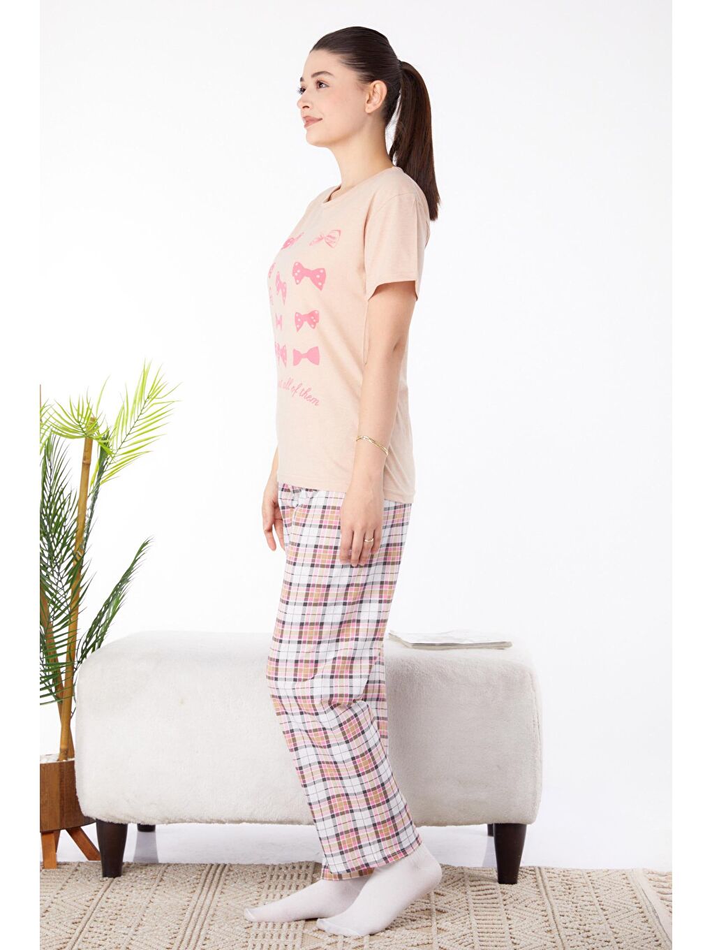 Bisiklet Yaka Kadın Bej Baskılı Pijama Takımı - 25579-3