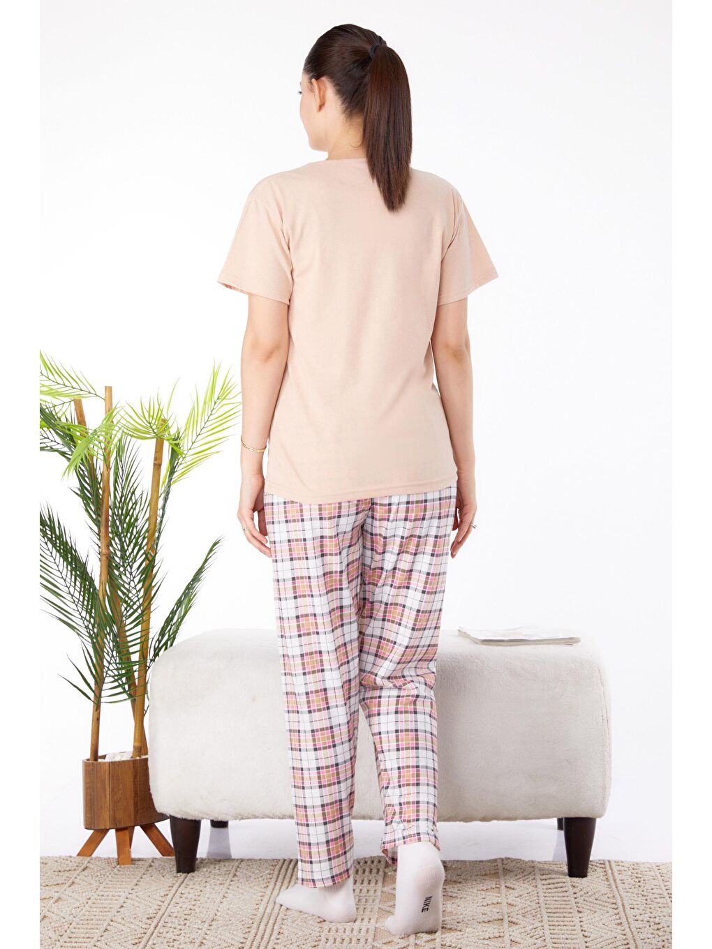 Bisiklet Yaka Kadın Bej Baskılı Pijama Takımı - 25579-4