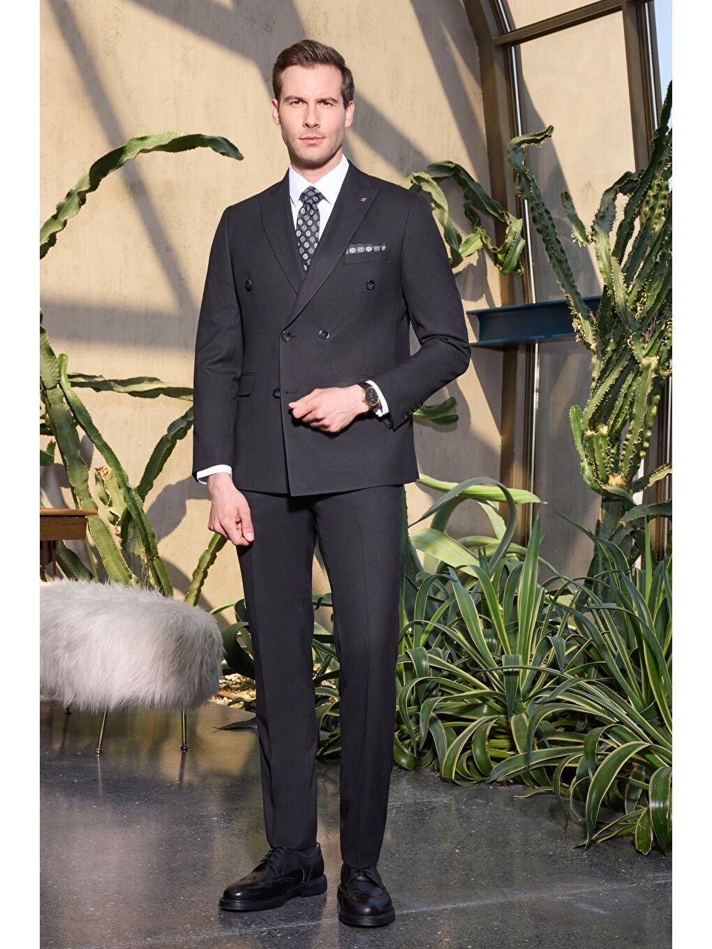 Siyah Kılıç Yaka Düz Kruvaze Classic Esnek Slim Fit Takım Elbise 1001250172