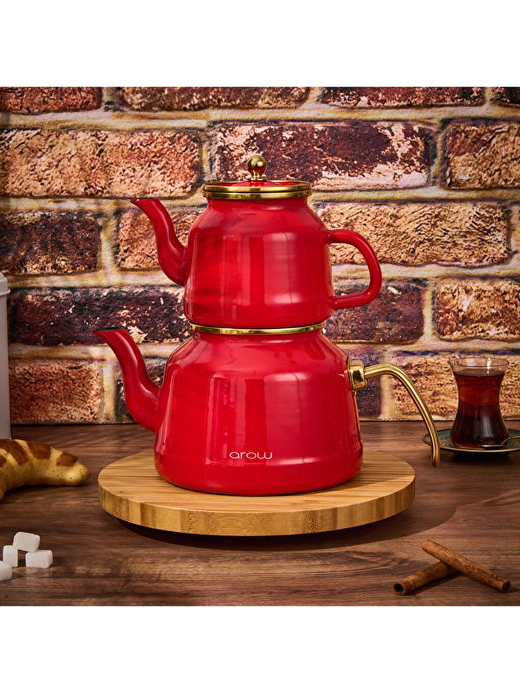 Karışık Roomy Emaye Çaydanlık - Kırmızı / Altın - 2,5 lt + 1,1 lt