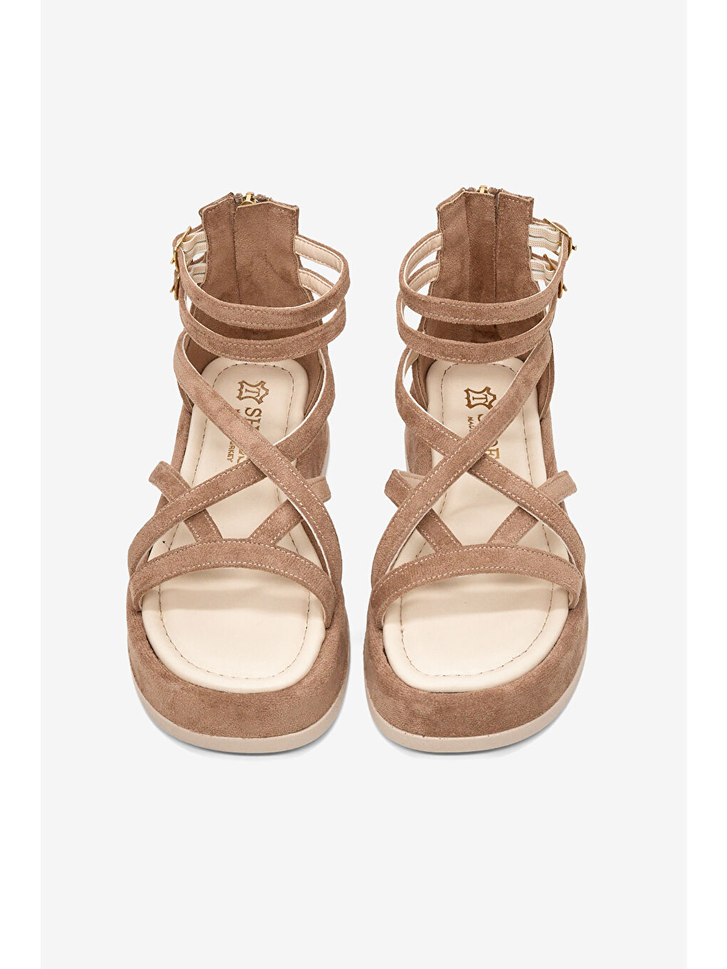 Bej Kadın Vizon Süet Rahat Kalıp Çapraz Bantlı Çift Kemerli Sandalet