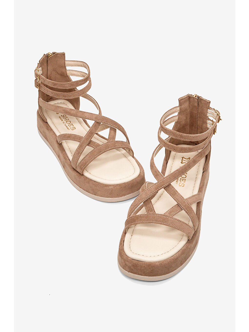 Bej Kadın Vizon Süet Rahat Kalıp Çapraz Bantlı Çift Kemerli Sandalet-2
