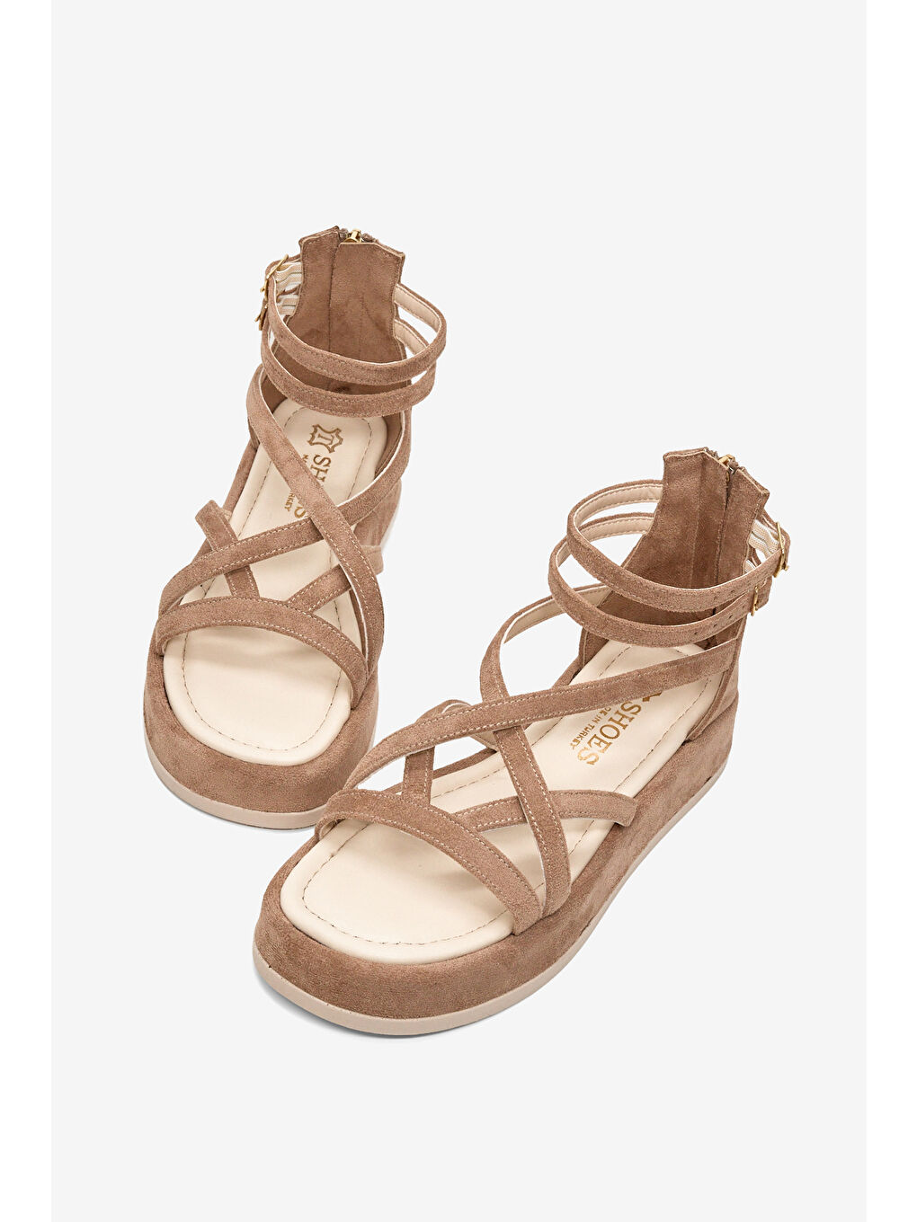 Bej Kadın Vizon Süet Rahat Kalıp Çapraz Bantlı Çift Kemerli Sandalet-3