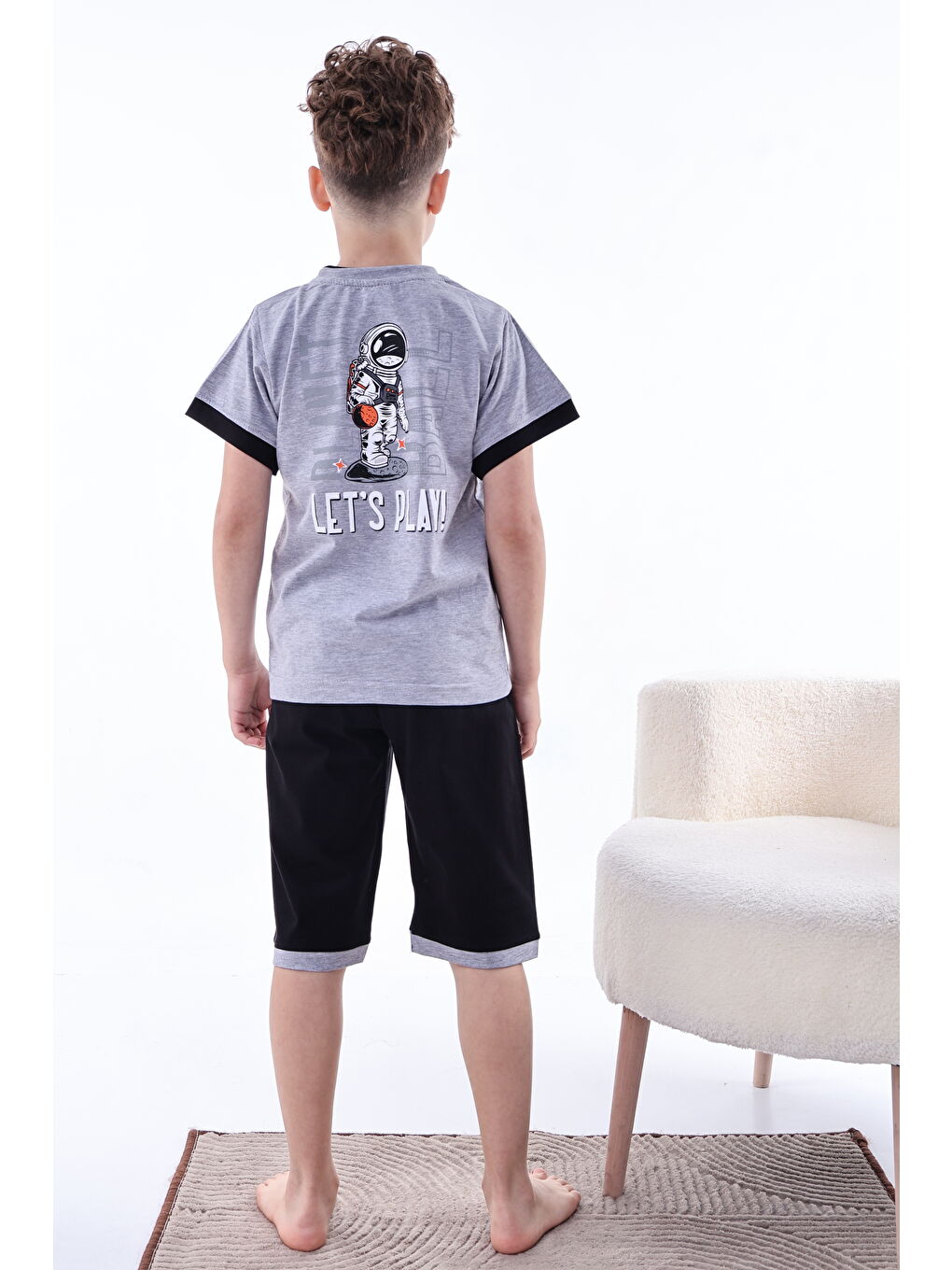 Gri Erkek Çocuk %100 Doğal Pamuk Kısa Kollu Kısa Kollu Kaprili Pijama Takımı-2