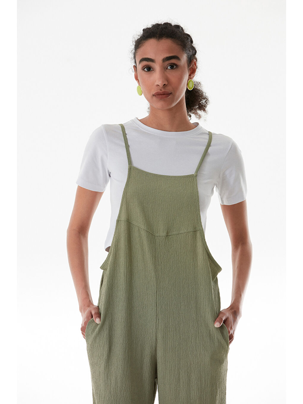 Haki Krep Kumaş İp Askılı Tulum-1