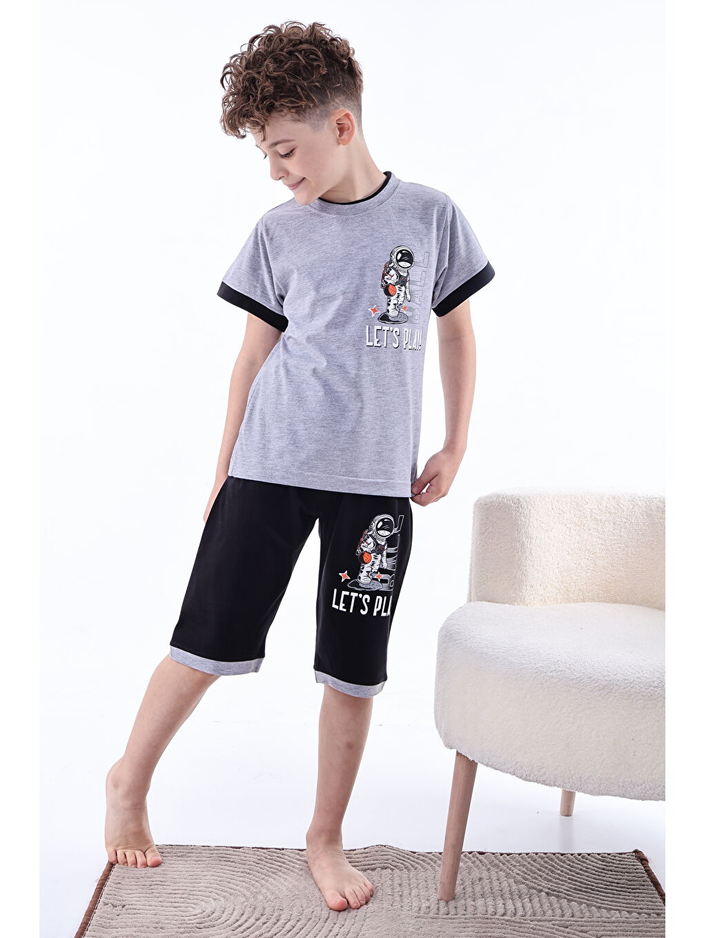 Gri Erkek Çocuk %100 Doğal Pamuk Kısa Kollu Kısa Kollu Kaprili Pijama Takımı-3