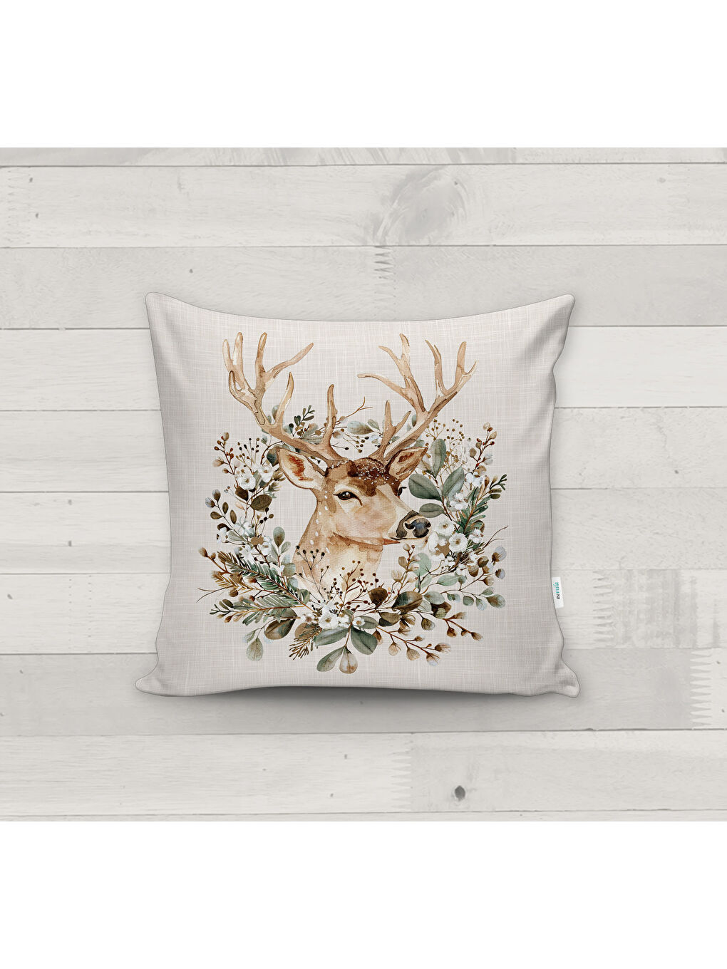 Bej Dekoratif Kırlent Kılıfı, Suluboya Geyik Desenli, 43x43 cm Çift Taraflı Baskılı Kadife-1