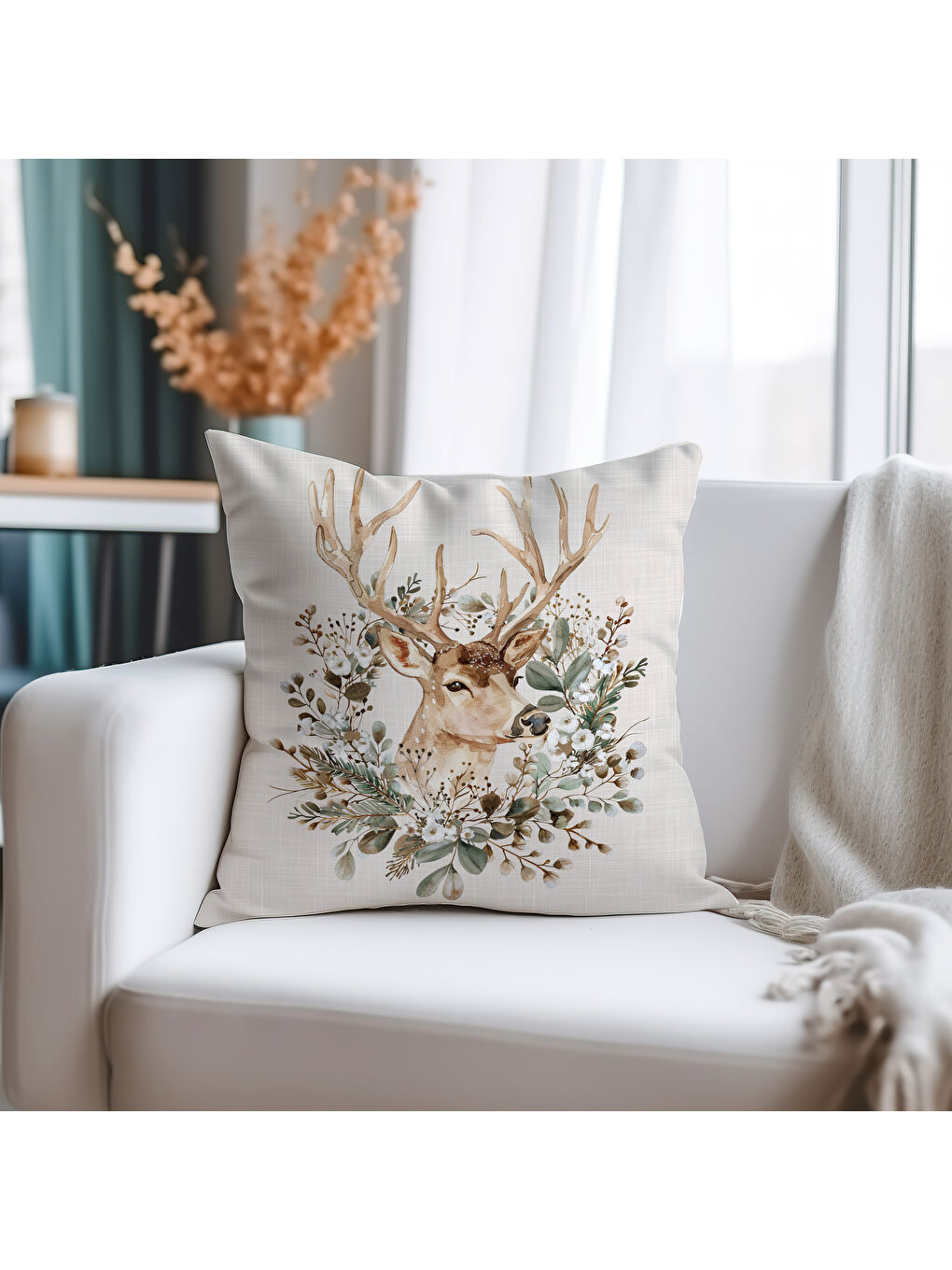 Bej Dekoratif Kırlent Kılıfı, Suluboya Geyik Desenli, 43x43 cm Çift Taraflı Baskılı Kadife-2