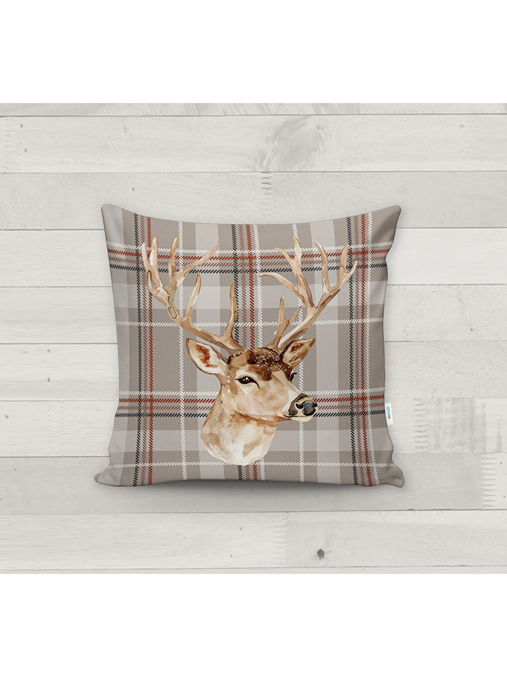 Bej Dekoratif Kırlent Kılıfı, Suluboya Geyik Desenli, 43x43 cm Çift Taraflı Baskılı Kadife-1