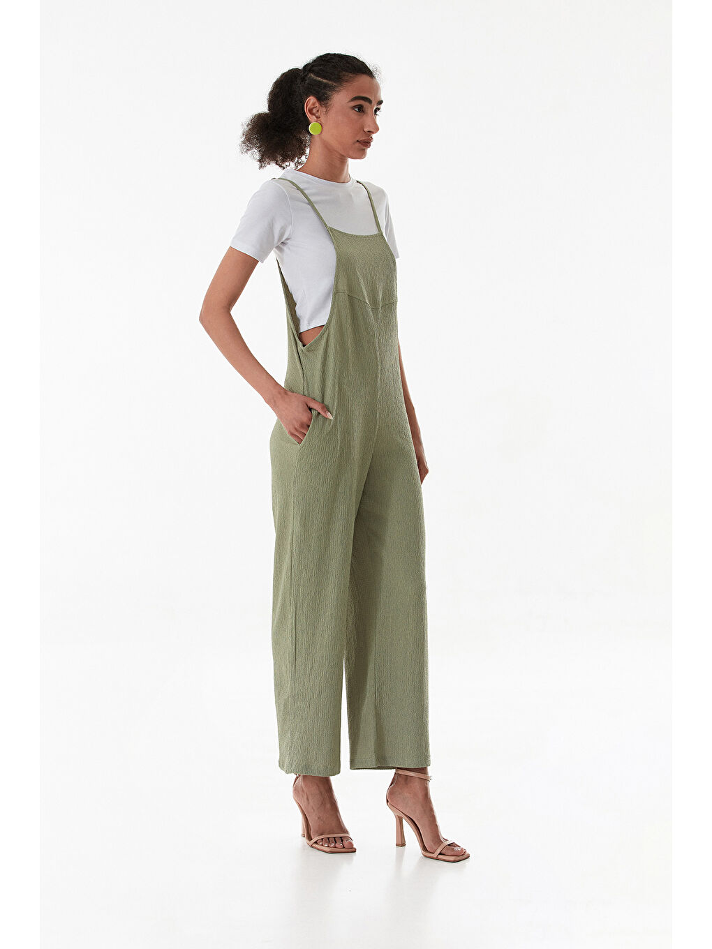 Haki Krep Kumaş İp Askılı Tulum-4